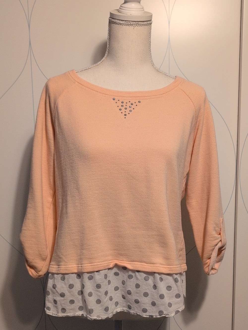 4/$20 French Laundry Peach Pullover with Polka Dot Hem and Stud Detail